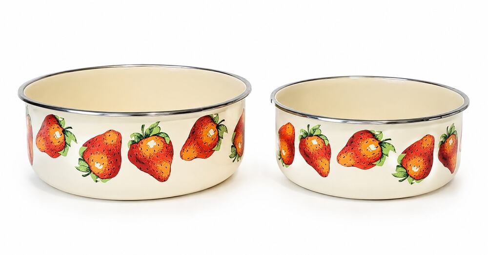 Two Vintage Kobe Enamel Bowls Cream Strawberry Nesting Mixing Cottagecore
